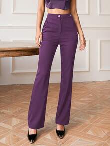 Pantalones empresariales de cintura alta, de unicolor, con botones delanteros, de estilo casual sencillo para mujeres - Morado - Ver 1