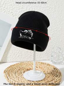 1 pieza Gorro de punto con bordado acrílico de estilo casual de calle, estampado de espina de pescado, para hombre, para pesca, senderismo, esquí y deportes al aire libre, para otoño/invierno, cortaviento y cálido