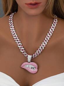1pc Women's Pink & White Rhinestone Lip Shaped Pendant Necklace, Punk & Hip Hop Style, Jewelry Gift & Party Wear