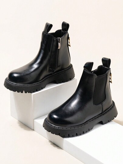 Girls' Casual Fluffy Ankle Boots, School Style Boots With Zipper Flat Leather Bootie, Minimalist Children Low Boots, Suitable For Autumn And Winter