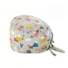 1pc Women Mountain & Water Print Cartoon Graffiti Polyester Printed Scrub Cap, Four Seasons Medical Worker Cap For Doctor, Nurse, Beauty Salon, Veterinary, Anti-Bacterial Dust Free Halloween