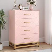 4 Drawers Dresser Chests For Bedroom, Tall Wood Rustic Chest Of Drawers With Wide Metal Handle, White Dresser Drawer Organizer For Bedroom,Living Room,Hallway And Entryway - 粉色 - 查看 10