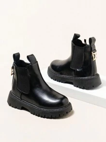 女童休闲蓬松踝靴，学院风拉链平底皮靴，简约儿童低帮靴，适合秋冬季 - 黑色 - 查看 4
