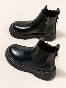 女童休闲蓬松踝靴，学院风拉链平底皮靴，简约儿童低帮靴，适合秋冬季 - 黑色 - 查看 6