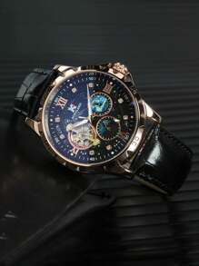 AOKULASIC 1 件男士时尚奢华镂空自动机械表，玫瑰金表壳，月相显示，夜光指针，钻石装饰，黑色表盘，多功能，顶级品牌，休闲皮革表带，商务风格手表礼品盒 - 玫瑰金 - 查看 5