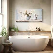 1pc White Jasmine And Rusty Watering Cans Canvas Wall Art Vintage Wood Gain Painting Modern Farmhouse Flowers Artwork Prints For Living Room Bedroom Bathroom Decor Framed And Ready To Hang