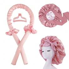 Silk Double Layer Bonnet With Heatless Hair Curler Set, Overnight Curl Kit To Sleep In, Satin Lined Hair Bonnet And Heatless Curls Headband For Women Natural Curly Shower Cap Sleep Cap Home Bathroom Decor Summer Back To School - Pink - View 1