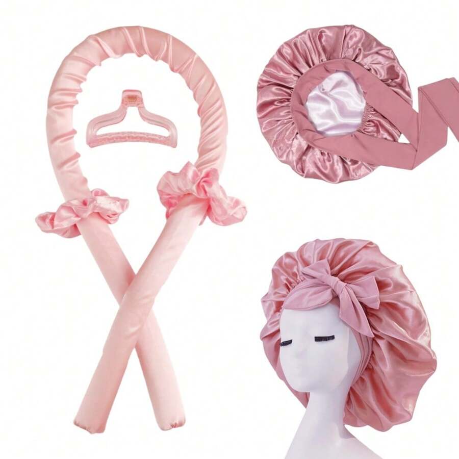 Silk Double Layer Bonnet With Heatless Hair Curler Set, Overnight Curl Kit To Sleep In, Satin Lined Hair Bonnet And Heatless Curls Headband For Women Natural Curly Shower Cap Sleep Cap Home Bathroom Decor Summer Back To School - Pink - View 1