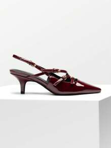 Women's Kitten Heel Slingback Pumps Square Toe Metal Buckle Strap Low Heels Sexy Wedding Party Dress Shoes - 酒紅色 - 查看 7