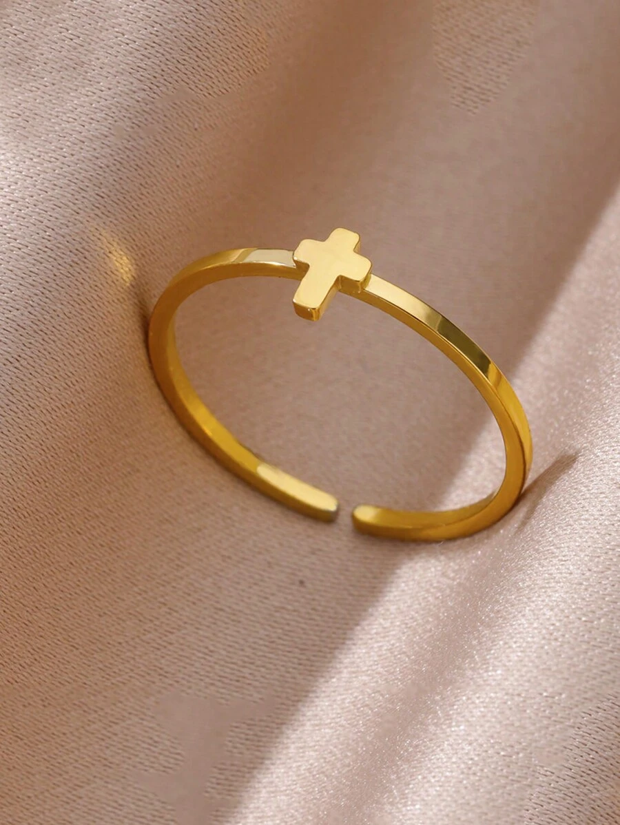 十字架裝飾開口戒指 - 金黃色 - 查看 1