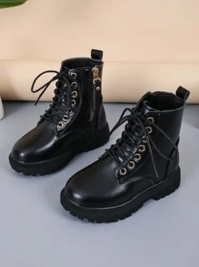 1 Pair Black Classic Lace-Up Boots For Girls, Round Toe Thick Sole Anti-Slip Design, Comfortable & Fashionable, Suitable For 4-12 Years Old Girls, Outdoor Daily & Party Wear New Autumn Winter Collection