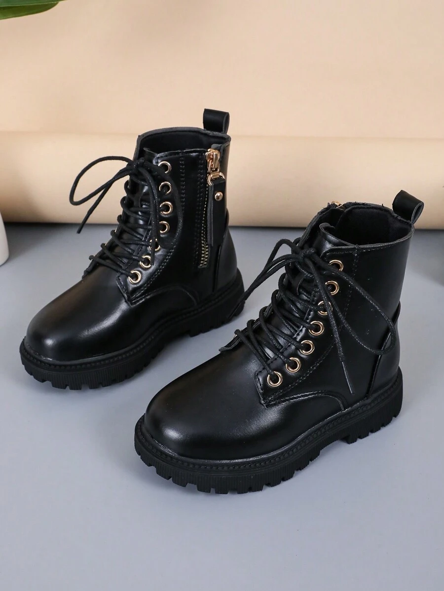 1 Pair Black Classic Lace-Up Boots For Girls, Round Toe Thick Sole Anti-Slip Design, Comfortable & Fashionable, Suitable For 4-12 Years Old Girls, Outdoor Daily & Party Wear New Autumn Winter Collection