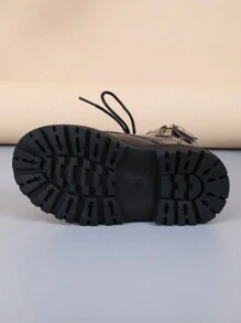 1 Pair Black Classic Lace-Up Boots For Girls, Round Toe Thick Sole Anti-Slip Design, Comfortable & Fashionable, Suitable For 4-12 Years Old Girls, Outdoor Daily & Party Wear New Autumn Winter Collection