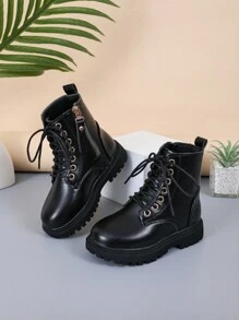1 Pair Black Classic Lace-Up Boots For Girls, Round Toe Thick Sole Anti-Slip Design, Comfortable & Fashionable, Suitable For 4-12 Years Old Girls, Outdoor Daily & Party Wear New Autumn Winter Collection
