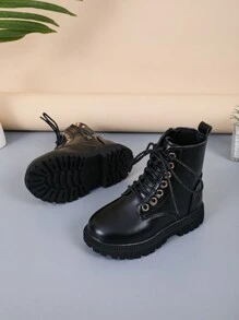 1 Pair Black Classic Lace-Up Boots For Girls, Round Toe Thick Sole Anti-Slip Design, Comfortable & Fashionable, Suitable For 4-12 Years Old Girls, Outdoor Daily & Party Wear New Autumn Winter Collection