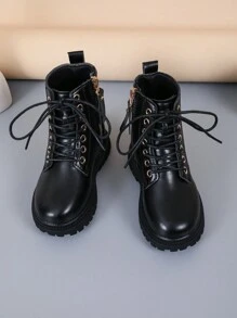 1 Pair Black Classic Lace-Up Boots For Girls, Round Toe Thick Sole Anti-Slip Design, Comfortable & Fashionable, Suitable For 4-12 Years Old Girls, Outdoor Daily & Party Wear New Autumn Winter Collection