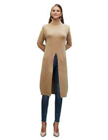 Suéter cárdigan largo tejido cuello alto para mujer - Café integral - Ver 1