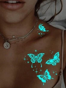 夜光蓝、白蝴蝶纹身贴纸，夜光人体艺术临时纹身贴纸，闪光蝴蝶星光图案，防水假纹身，持续 2-5 天，遮盖疤痕，可用于手臂手腕肩膀腿腰颈手胸部大腿手指，派对生日惊喜礼物 - 白色 - 查看 5