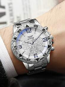 1pc Luxury Fashion Mixed Bar Scale Tri-Dial Dial Steel Band Quartz Watch, Suitable For Daily Wear, Birthday Gift, Anniversary Gift - Silver - View 1