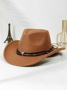 1 pièce Chapeau de cow-boy unisexe décoré d'une tête de bétail, chapeau de style boho cowboy/cowgirl Fedora pour fête et Halloween