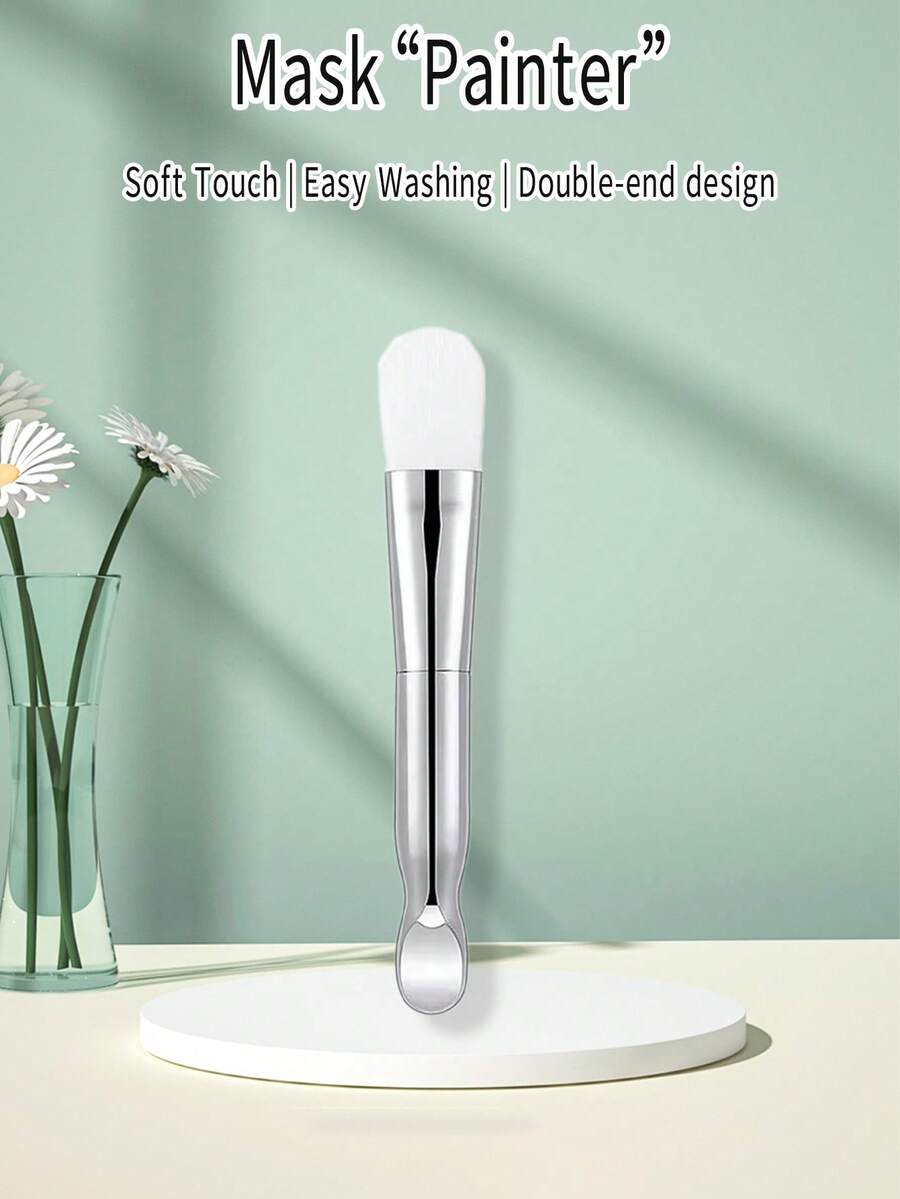 1pc Dual Head Soft Bristle Mud Mask Brush, SilverWhite Color Face