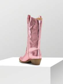 Women'S Cowboy Western Boots Point Toe Pull On Cowgirl Boots  Embroidered Detail Chunky Heeled Spring And Winter Back To School Party Festival Matching Dress Mid Calf PINK Boots - 粉色 - 查看 10
