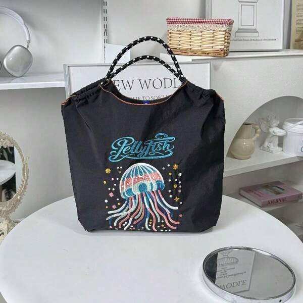 New Jellyfish Embroidered Tote Bag Women Beach Handbag Shopping Bag