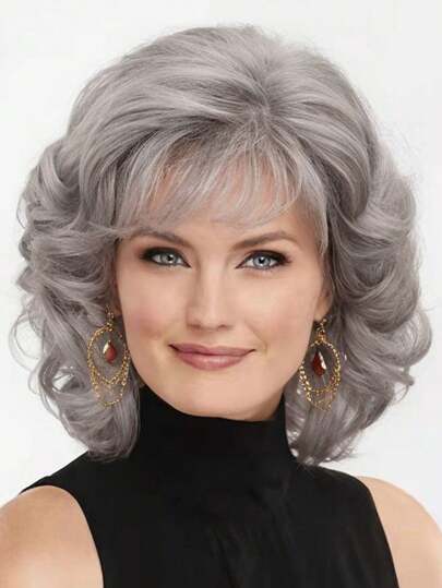 1 pezzo Scialle grigio a onde larghe in fibra chimica per donne con frangia, parrucca sintetica alla moda da donna da 12 pollici per uso quotidiano, feste, Ognissanti, cerimonie