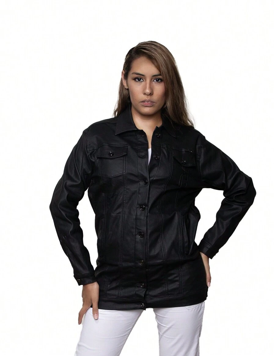 Chamarra cazadora de vinipiel negro para dama - Negro - Ver 1