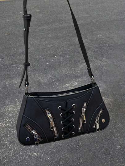 Bolsa de axila para motocicleta com motor de outono de 2024 para mulheres, nova bolsa de ombro com cadarço de contraste de cores de nicho, bolsa transversal estilo rock retrô para mulheres