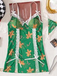 Áo ngủ nữ gợi cảm họa tiết kẹo mía hình người đàn ông bánh gừng - màu xanh lá - Xem 11