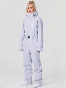 1pc Women's Solid Color Winter Outdoor One-Piece Ski Suit, Ideal Outdoor Ski Jumpsuit, Winter Women's Clothing, Taped Zipper Anti-Loss Design, Ski Suit Set With Zippered Pockets, Winter Sports Ski Suit, Sportswear, Suitable For Outdoor Activities, Winter Skiing Gear, Reinforced Structure, Functional Ski Equipment, Durable Snow Gear,Ski Clothes Women Ski Outfits