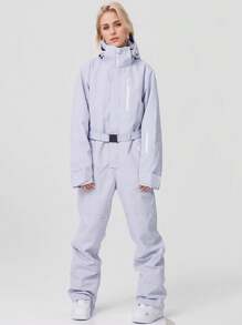 1pc Women's Solid Color Winter Outdoor One-Piece Ski Suit, Ideal Outdoor Ski Jumpsuit, Winter Women's Clothing, Taped Zipper Anti-Loss Design, Ski Suit Set With Zippered Pockets, Winter Sports Ski Suit, Sportswear, Suitable For Outdoor Activities, Winter Skiing Gear, Reinforced Structure, Functional Ski Equipment, Durable Snow Gear,Ski Clothes Women Ski Outfits