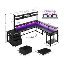 EnHomee Escritorio de computadora con cajones, escritorio de computadora para juegos con luz LED y tomas de corriente, escritorio para juegos en forma de L con soporte para monitor y estantes, escritorios de oficina en casa para sala de juegos - Negro - Ver 3