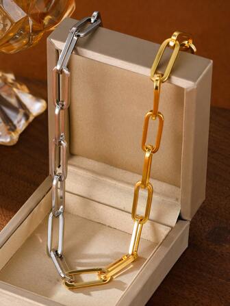 Collar de acero inoxidable de estilo patchwork dorado y plateado para mujer y hombre, cadena de gargantilla con estilo retro de hip hop, sin caja, ideal para el verano y las vacaciones en la playa