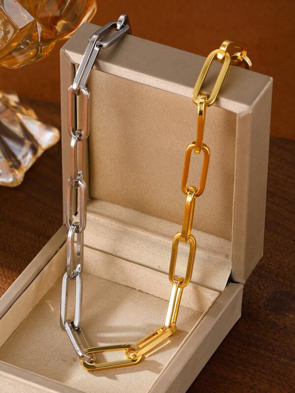 Fashion Golden Silvery Patchwork Stainless Steel Necklace Women Men Retro Hip Hop Chain Choker Necklace Without Box,Summer Beach Vacation Necklace