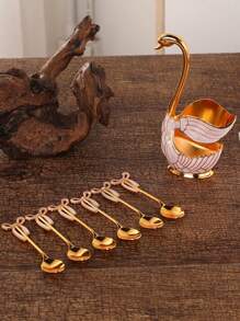 1set New Fashionable European Style Fruit Plate Spoons, Cute Swan Shaped Golden Spoons (6pcs Spoons + 1 Stand), Suitable For Buffet, Home, Cafe, Club,Kitchen,Christmas Gift,School Supplies - Multicolor - View 5
