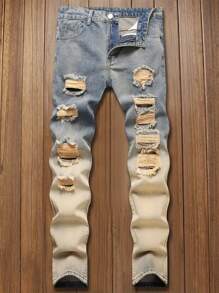 1 chiếc quần jeans rách túi có khóa kéo màu sắc đơn giản cho bé trai tuổi teen - Nhiều màu - Xem 1