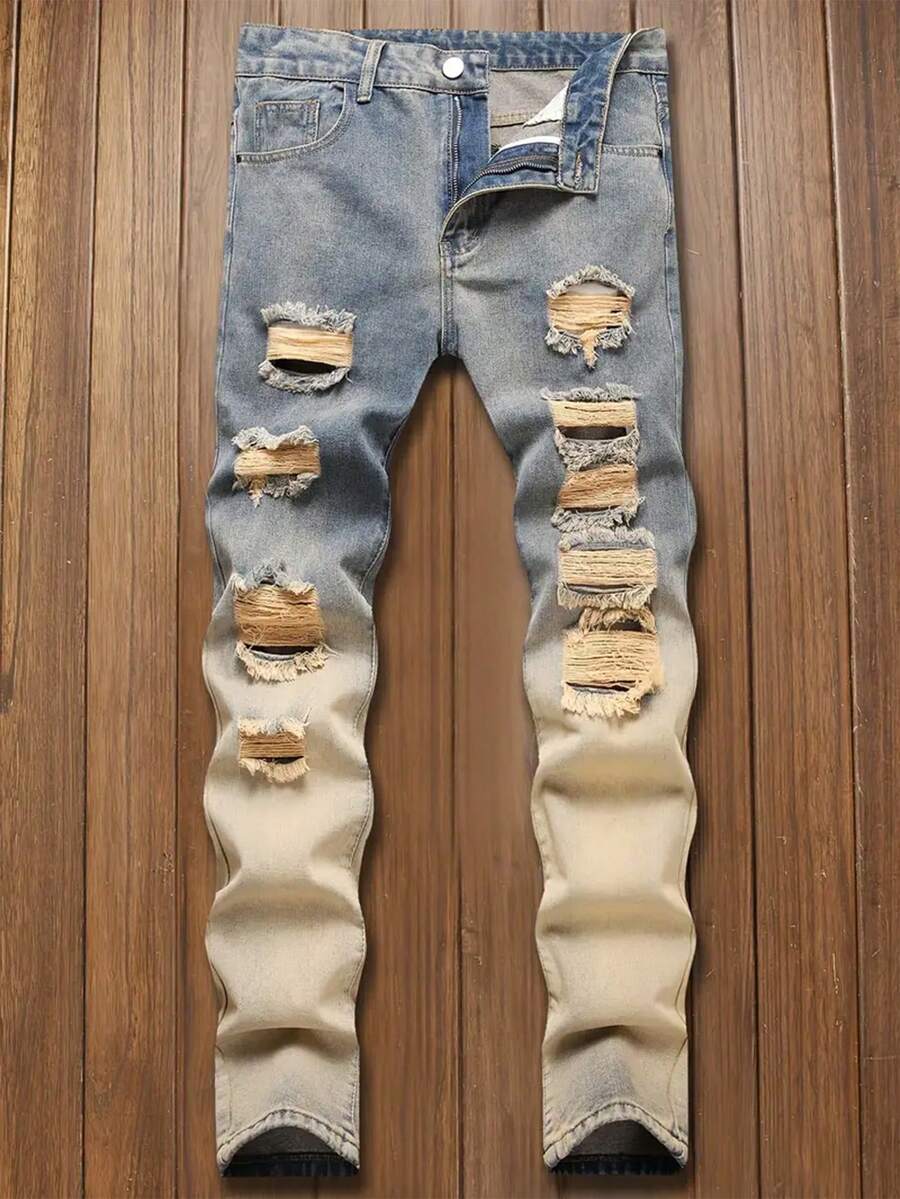 1 chiếc quần jeans rách túi có khóa kéo màu sắc đơn giản cho bé trai tuổi teen - Nhiều màu - Xem 1