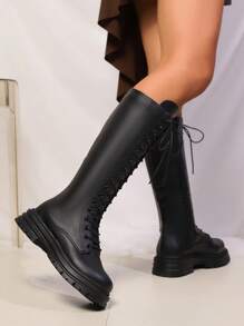Giày bốt nữ đế dày mới mùa thu 2025, giày bốt cao đến đầu gối có khóa kéo bên hông, giày bốt hiệp sĩ buộc dây thời trang, giày bốt cỡ lớn - màu đen - Xem 4