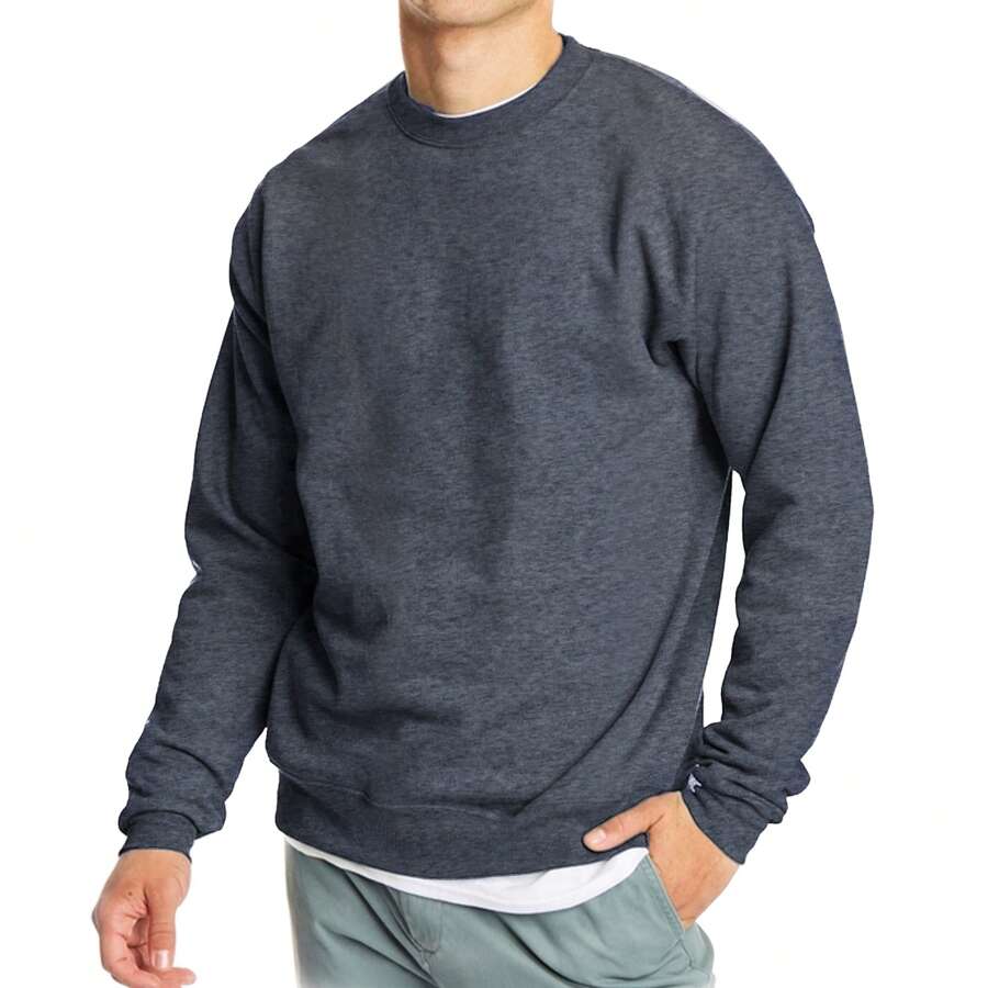 Men's Crew Neck Fleece-Lined Pullover Sweater - Charcoal - View 1