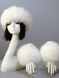 Set de 2 piezas Gorro de punto de unicolor y puños de acrílico esponjoso, con ribete esponjoso, cálido para otoño e invierno, accesorios de invierno, atuendos de invierno, regalo de San Valentín