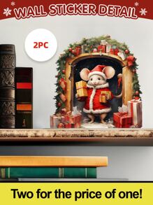 2 pièces Sticker mural de Noël souris avec cadeaux, autocollant mural PVC imperméable, autocollants adhésifs pour décoration de maison pour salon, chambre à coucher, salle de classe, salle de bain, décoration de vacances saisonnière
