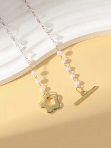 MESTILO 1pc Fashionable Faux Pearl Plumeria Copper Necklace, Suitable For Women's Daily Wear