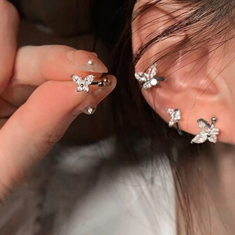 2pcs Crystal & Rhinestone Butterfly Clip-On Earrings, Suitable For Women Daily Or Festival Wear