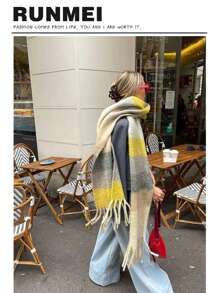 1pc 纯色围巾 黄色大格子冬季保暖脖加厚羊毛针织厚流苏披肩可外穿 - 黃色 - 查看 1