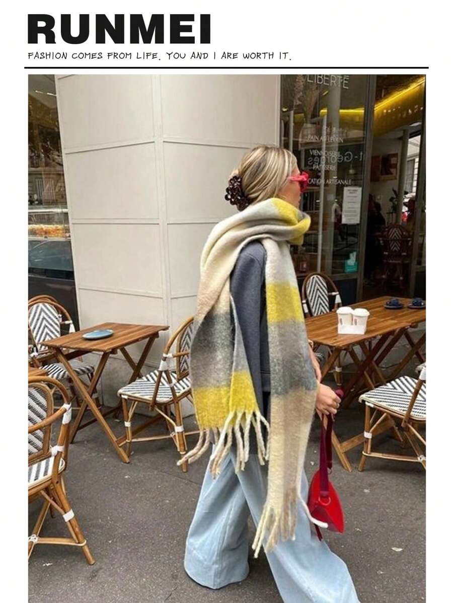 1pc 纯色围巾 黄色大格子冬季保暖脖加厚羊毛针织厚流苏披肩可外穿 - 黃色 - 查看 1