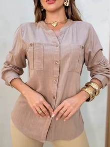 LONG SLEEVE SHIRT WITH TWO POCKETS LINEN/COTTON - 米色 - 查看 3