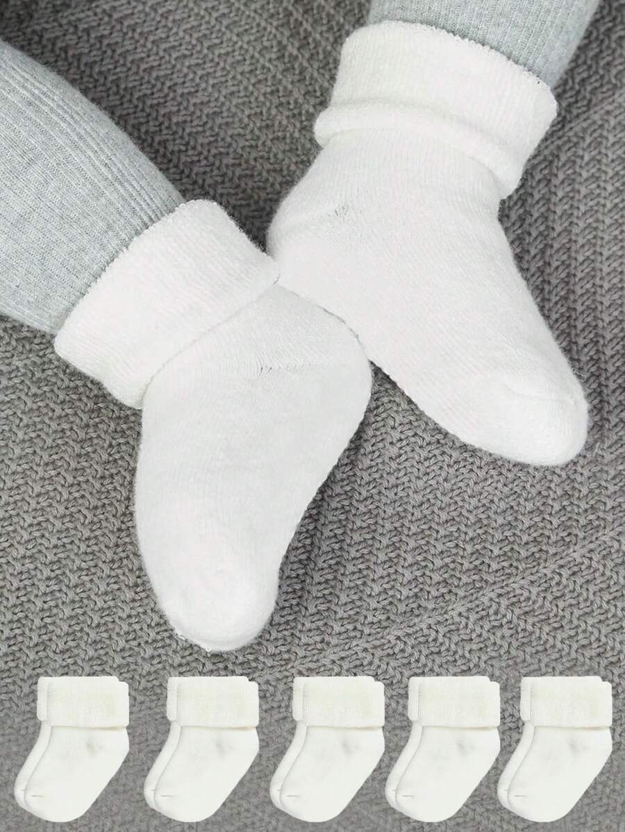 5pairs Baby Solid Color Thick Warm Turnover Cuff Socks, Fall & Winter - White - View 1