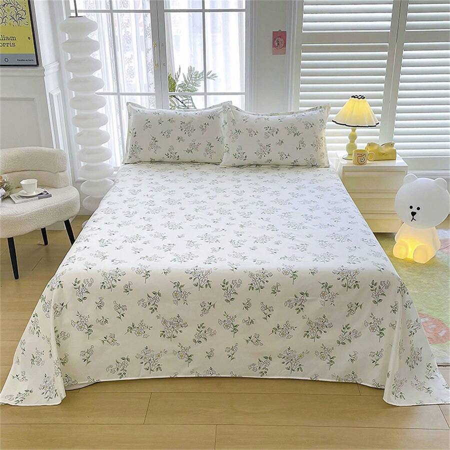 3 件印花床上用品套装 - 1 件床单 + 2 件枕套，四季皆宜，防尘，适合双人床和单人宿舍床（不包括填充物）